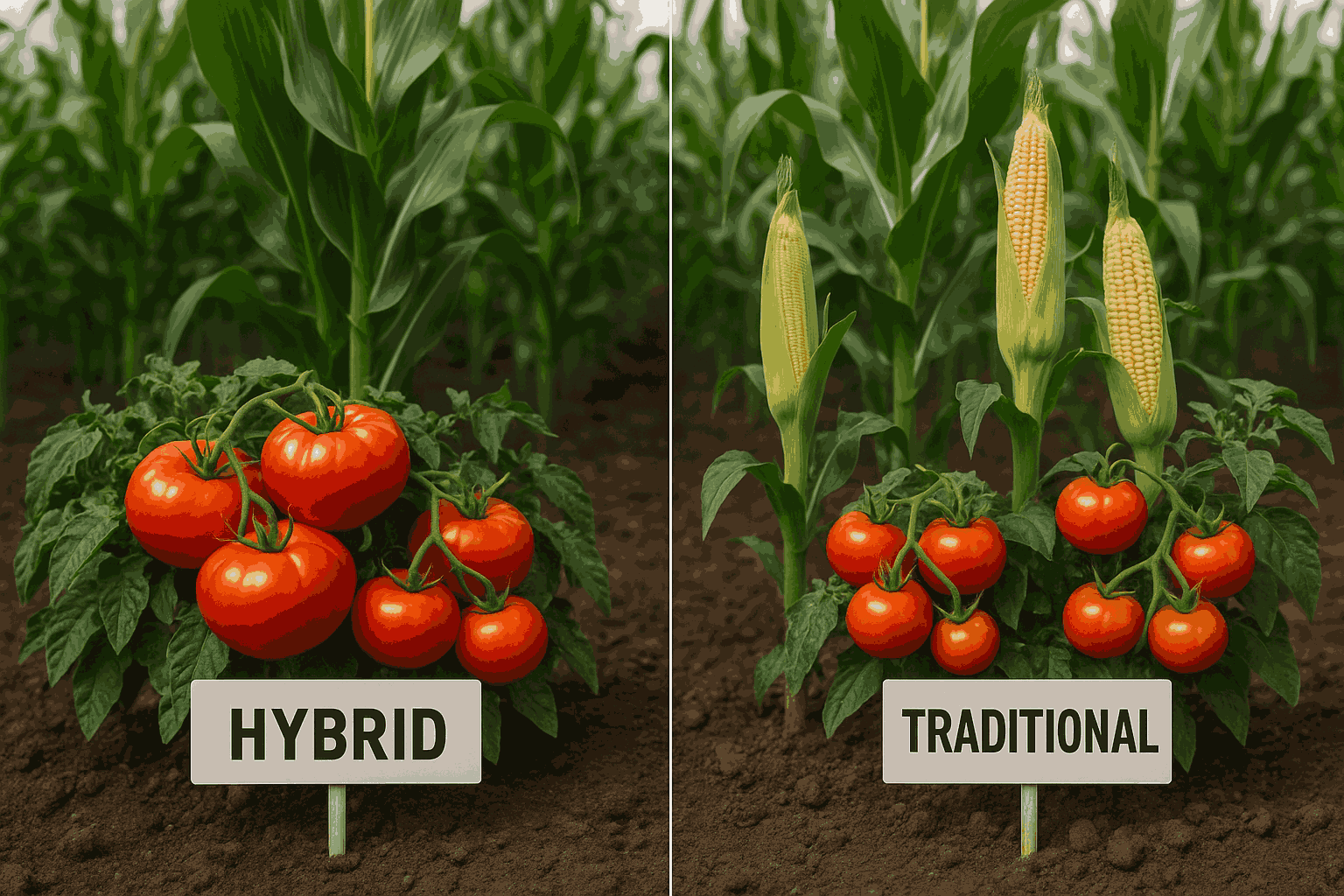 Side-by-side comparison of hybrid crops vs. traditional crops in a farm field, showing larger hybrid tomatoes and greener, more productive hybrid corn compared to smaller traditional produce, with labeled signs.